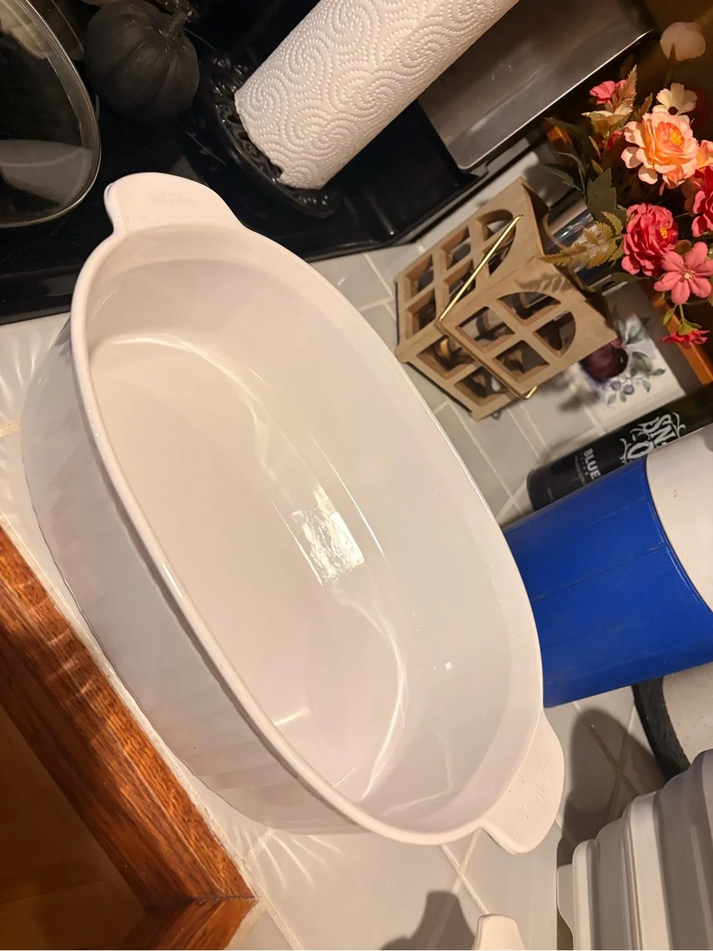 Corningware White Ridged Ceramic Grill Pan & French White Oval Casserole Dish